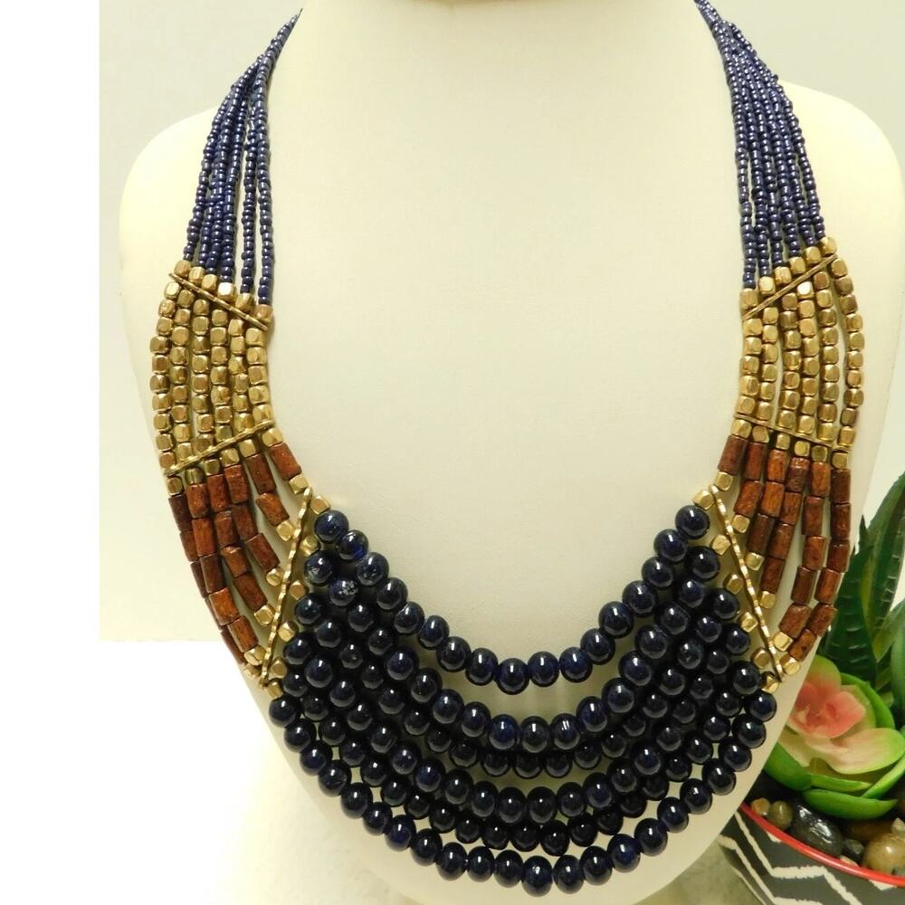 New Talbots Necklace Beaded Layered multi-strand tribal navy gold Tribal Boho - Picture 2 of 3